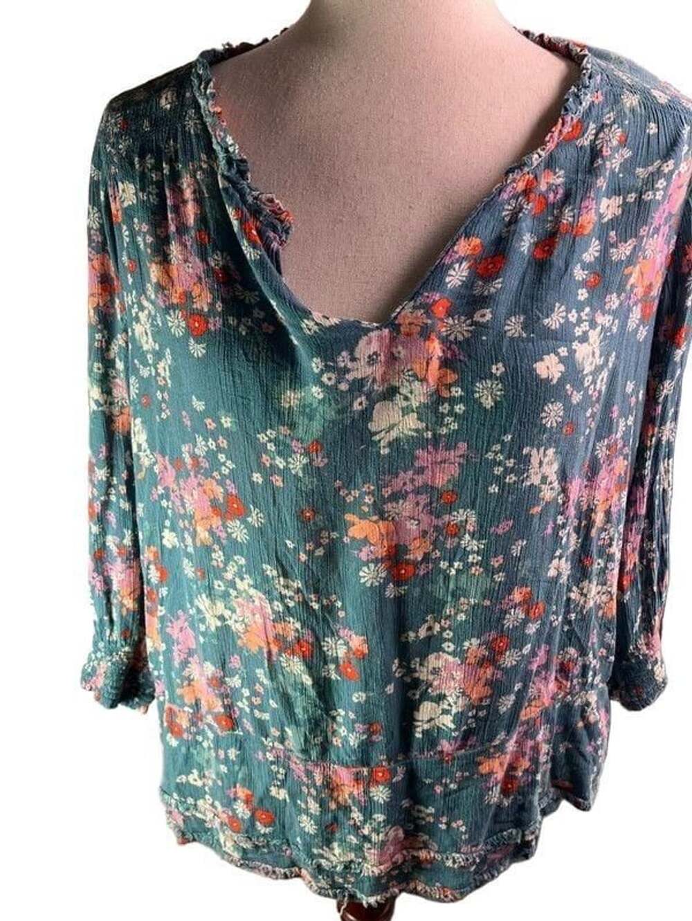 Artisan Crafted Teal Floral Ruffle Trim Boho Blouse Size Large